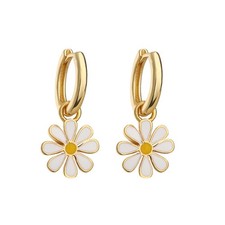 Delicate Daisy Flower Hoop Dangle Earrings for Women Lightweight Dainty White Pi