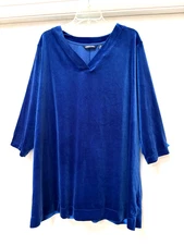 Lands End Womens 3X Velvet Shirt Top 3/4 sleeve v-neck Blue