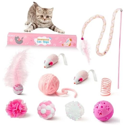 10Pcs Cat Toy Set Interactive Cat Toys Pack Including Feather Pink Cat Toys