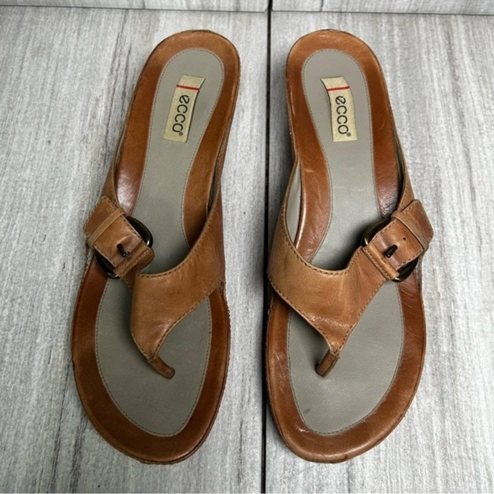 Sandali ECCO marroni in pelle slip on slides perizoma infradito fibbia donna 11 EUR 42