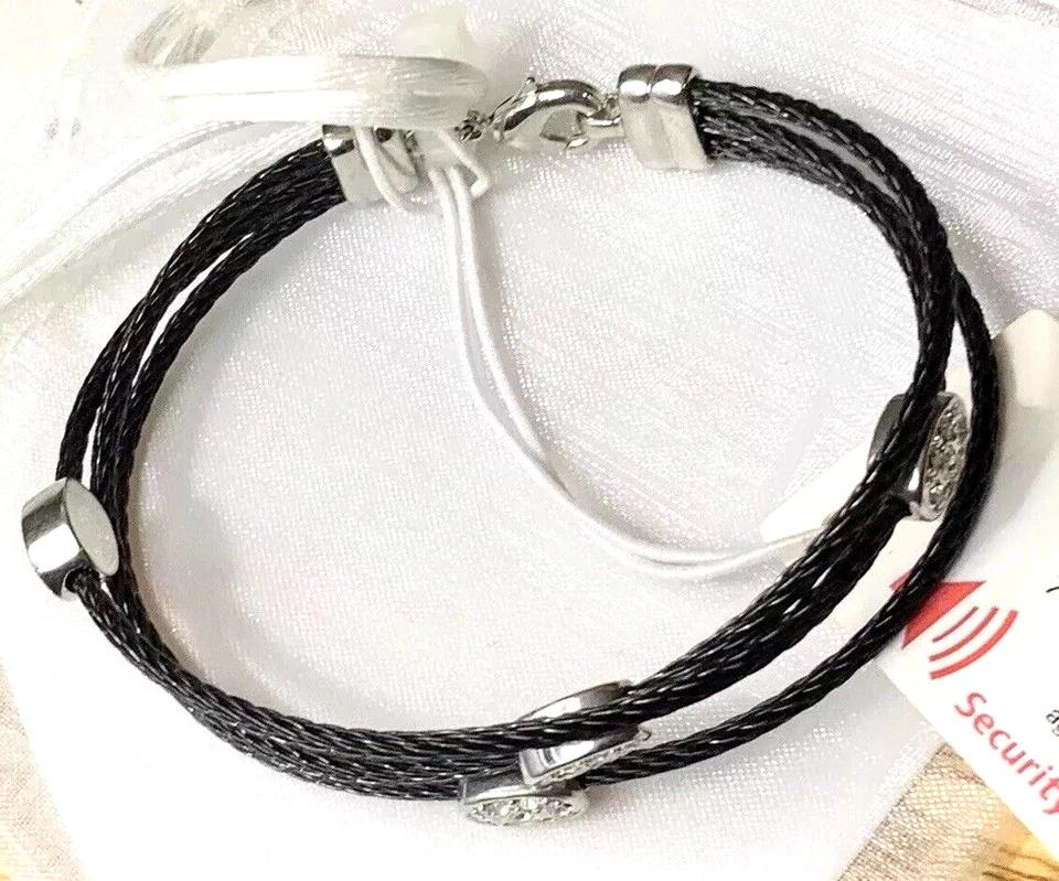 NOS NEW KOHL'S Black Stainless Steel Pave CZ Crystal Stone Triple Cable Bracelet - Image 3 of 4