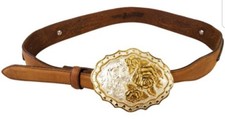 JUSTIN WOVEN SZ 28 BELT WITH CRUMRINE SILVER PLATE JEWELER BRONZE FLORAL BUCKLE