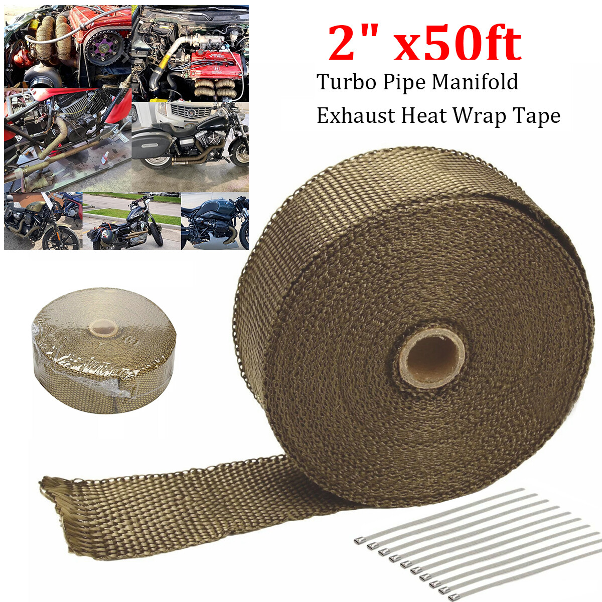 1 Roll x 2" 50ft Titanium Lava Header Manifold Exhaust Heat Wrap Tape Ties Kit