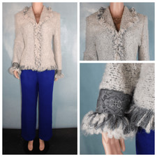 St. John Collection Off White Jacket L 10 12 Suit Blazer Black Gray Fringe Trim