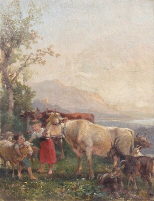 Children with Cows & Sheep in an Idyllic Mountain Landscape, Painting, 19th century