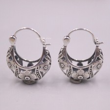 Real 925 Sterling Silver Earrings Women's Hollow Flower Earrings Hoop 22 18mm