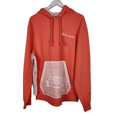 CHAMPION Sweatshirt Mens Large Orange White Reverse Weave Shift Hoodie Mesh Logo