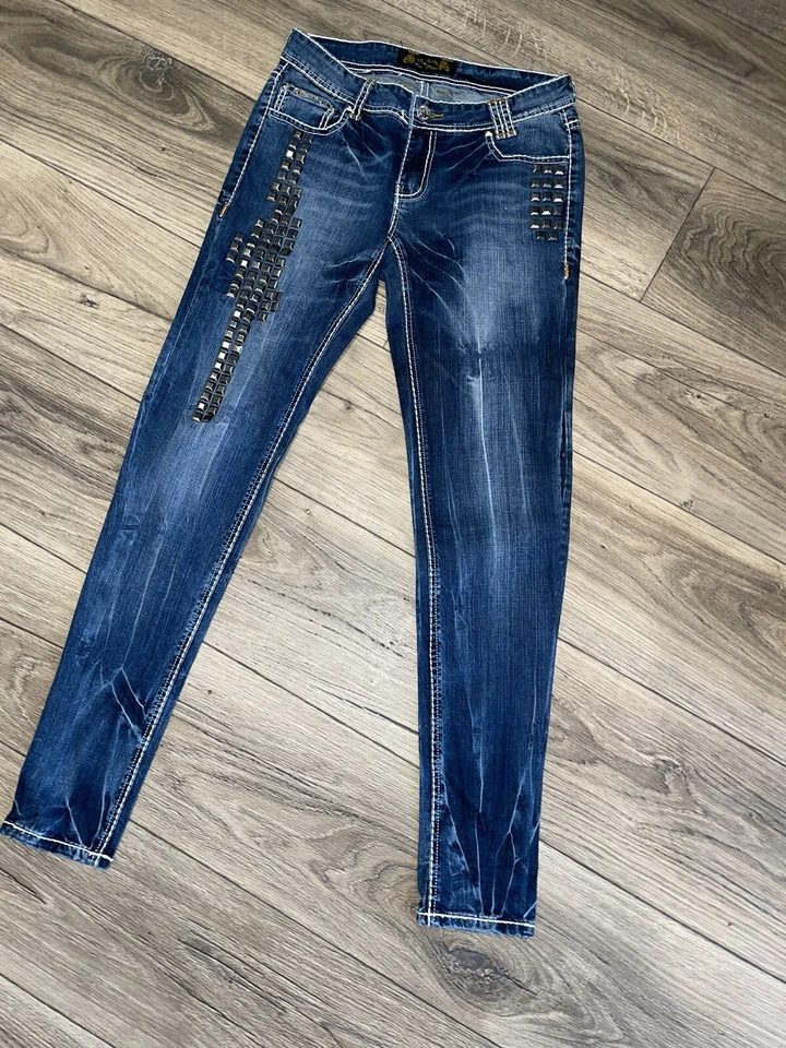VO Jeans Virgin Only Sz 29 Metal Bling 1835 Grunge Moto 80s Punk Rock Band - Image 2 of 4