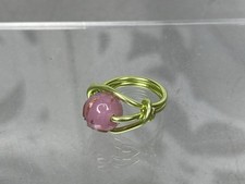 Handmade Artisan Green Wire Wrapped Pink Hand Painted Stone Ring Size 5.75