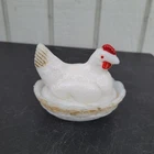Vintage Unmarked Milk Glass Hen On Nest Covered Dish White Gold Trim Farmhouse