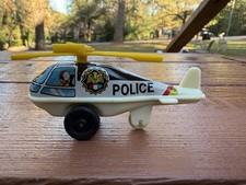 Vintage Tin Litho  Plastic Toy Police Helicopter Japan, Friction Turning Rotors