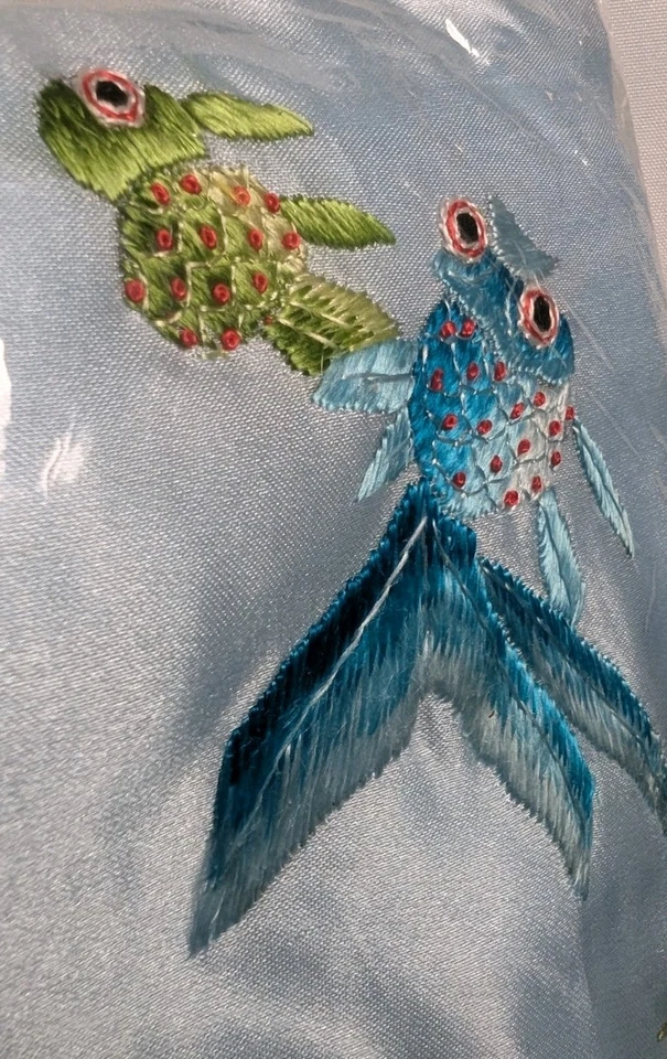 GUSU KOI FISH Duvet Cover EMBROIDERED Fish Blue Satin 86x78 Full Bed Pillow Sham - Image 4 of 4