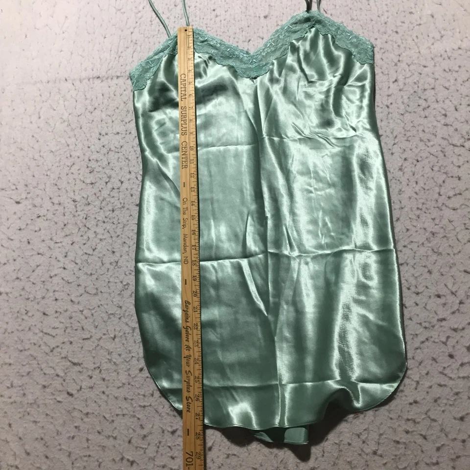 Amelia's Satin Nightgown Cami Womens L Large Shiny Green Lace Accented V Neck - Image 4 of 4