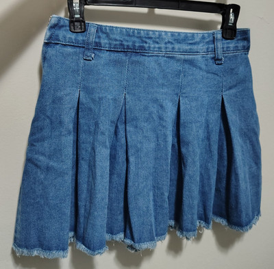 Shein Blue Denim Pleated Mini Skirt XL Teens Solid Raw Hem Short