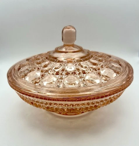 Vintage Pink Indiana Depression Glass Candy Dish With Lid Diamond Pattern USA