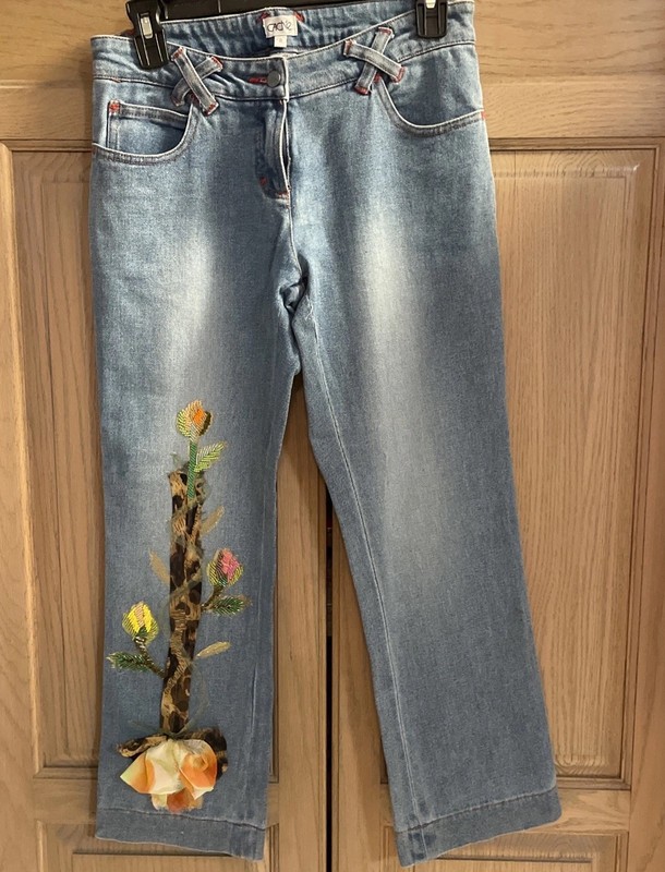 Cache Designer Jeans Size 0 Blue Denim With Beaded Embellishing