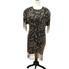 Mark & John Silk Beaded Fringe Cocktail Dress 10 Black Gold Vintage Glam Retro