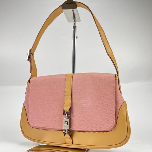 GUCCI Solid Tote Hand Bag Turnlock Leather Canvas Beige Pink Silver Hardware