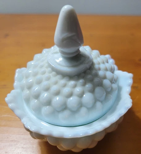 Vintage Fenton Milk Glass Hobnail Pattern Covered Trinket Dish