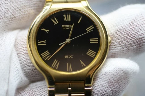 Seiko SX Watch Men 34mm Gold Dial Gold Tone Round V701-6K00 New Battery