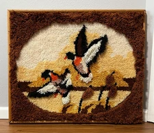 FLYING DUCK GEESE Hunt Vtg Framed Latch Hook Wall Hanging Art Decor 35.5" x 29”