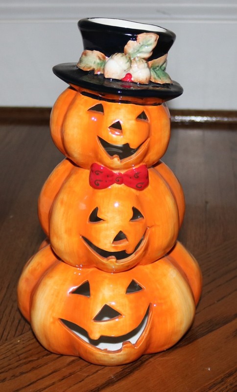 Stacked Pumpkins Jack O'Lantern Ceramic Candle Votive Tea Light Holder Figurine