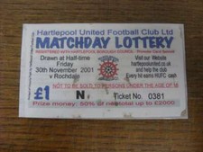 30/11/2001 Matchday Lottery Ticket: Hartlepool United v Rochdale (creased, marke
