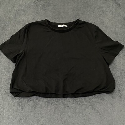 Zara Top Womens L Black Crew Neck Short Sleeve Cropped Bubble Hem T Shirt Blouse
