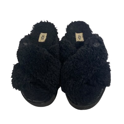 UGG Fuzz Sugar Cross Slide Women's Black Plush Fur Slip On Slide UGG Fuzz Sugar Cross Slide Women's Black Plush Fur Slip On Slide