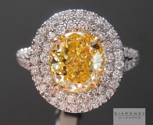 1.64ct Fancy Intense Yellow Oval Shape Halo Ring GIA R3683 Diamonds by Lauren - Picture 6 of 11