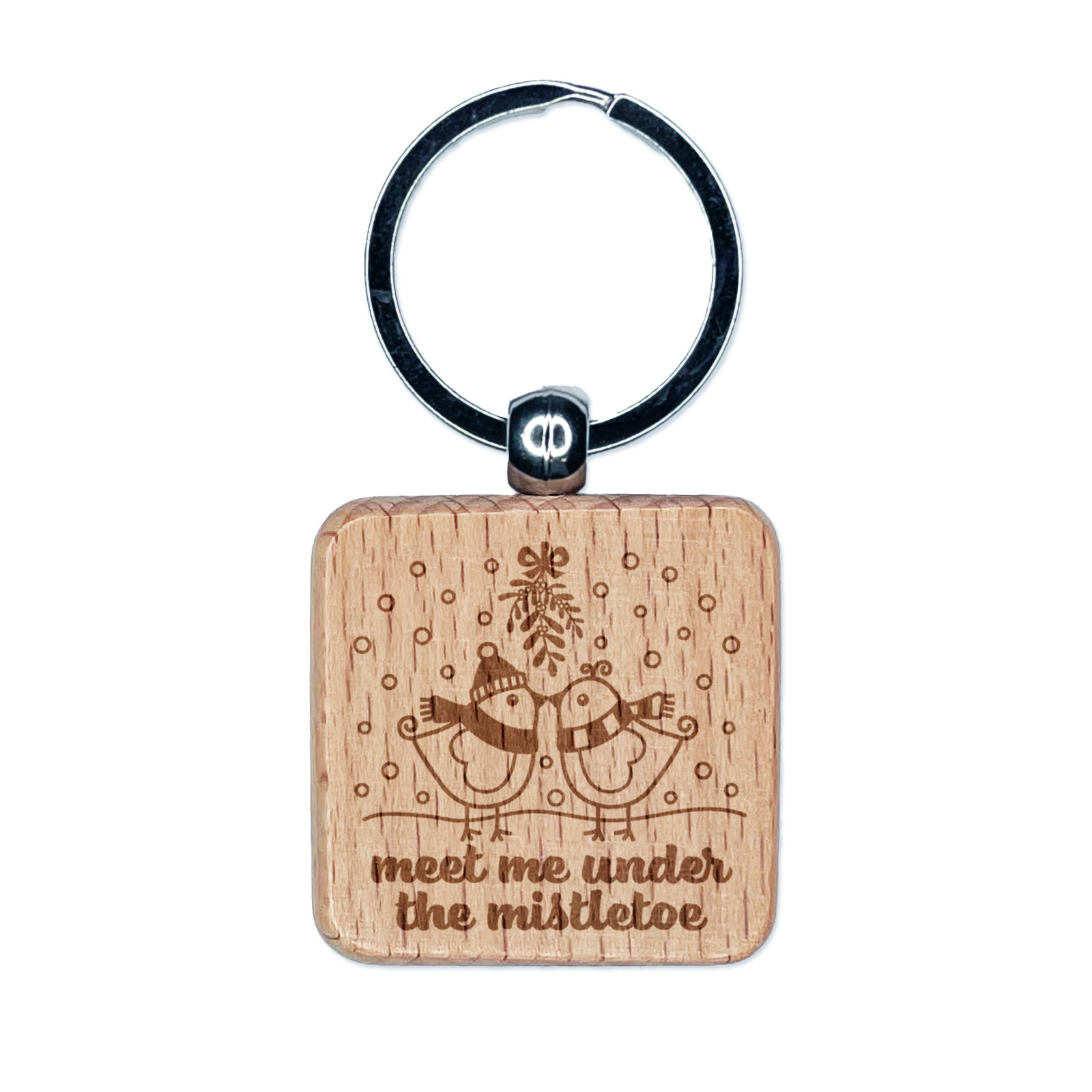 Kissing Birds Meet Me Under Mistletoe Christmas Engraved Wood Square Keychain