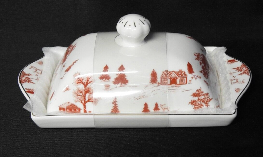Grace Teaware Holiday Winter Village Red & White Covered Butter Dish NEW