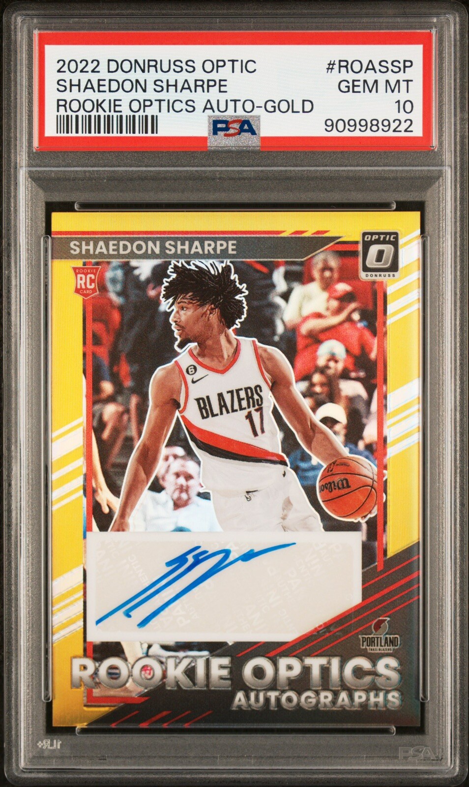 2022-23 Optic Shaedon Sharpe Rookie Optics Autographs GOLD Prizm Auto /10 PSA 10