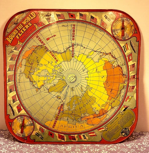 Vintage 1920s Wolverine Round The World Fliers & Checkers Tin Table Game