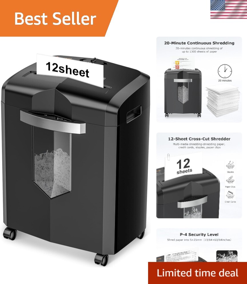 Paper Shredder, 12 Sheet Cross Cut Shredders for Home Office Heavy Duty, 20-M...-image