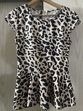 Womens Small Tan & Black Classy Leopard Print Peplum Short Sleeved Shirt