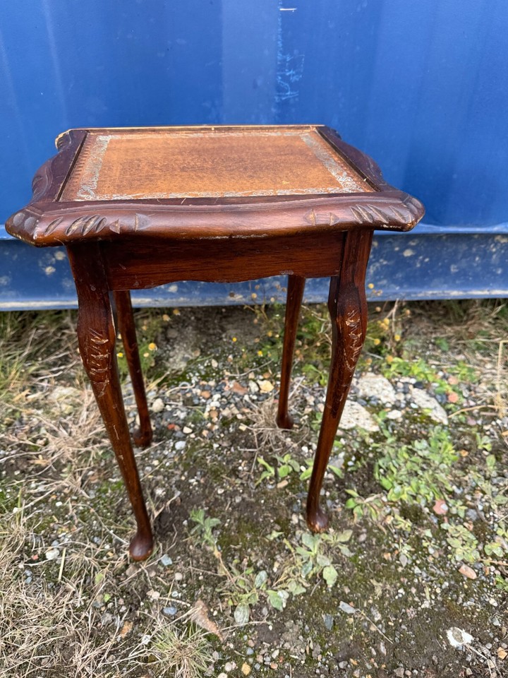 Vintage Mahogany Coffee Side Table Brown leather Top Queen Anne Legs eBay
