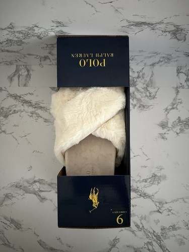 Polo Ralph Lauren Elenore Plush Cross Band Creme Slippers Slides Women's Size 9 - Picture 6 of 6