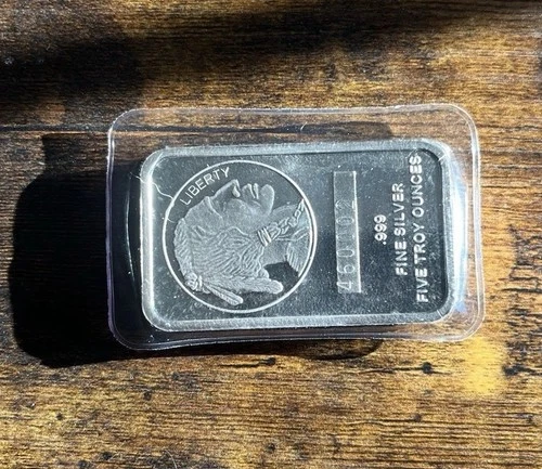 5 oz. .999 Fine Silver Bar - Buffalo Nickel Design F/B - Individually Numbered