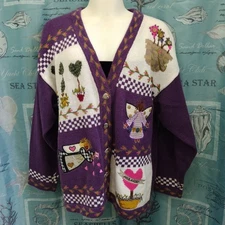 The Quacker Factory Cardigan Women's Large Purple Colorful Buttons Spring Angels
