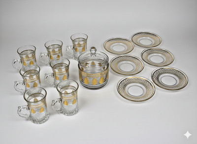 Türkisches Glas Teeservice 6 Tassen mit Untertasse Floral Gold Design Geschenk