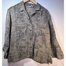 Chico's medium Vintage Linen Blend Jacket Geometric Aztec Blazer Casual Retro