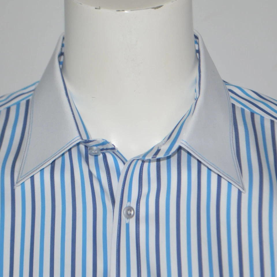 PAUL FREDRICK Slim Fit Non Iron Blue French Cuff Cotton Dress Shirt 17.5 - 34 - Image 2 of 4