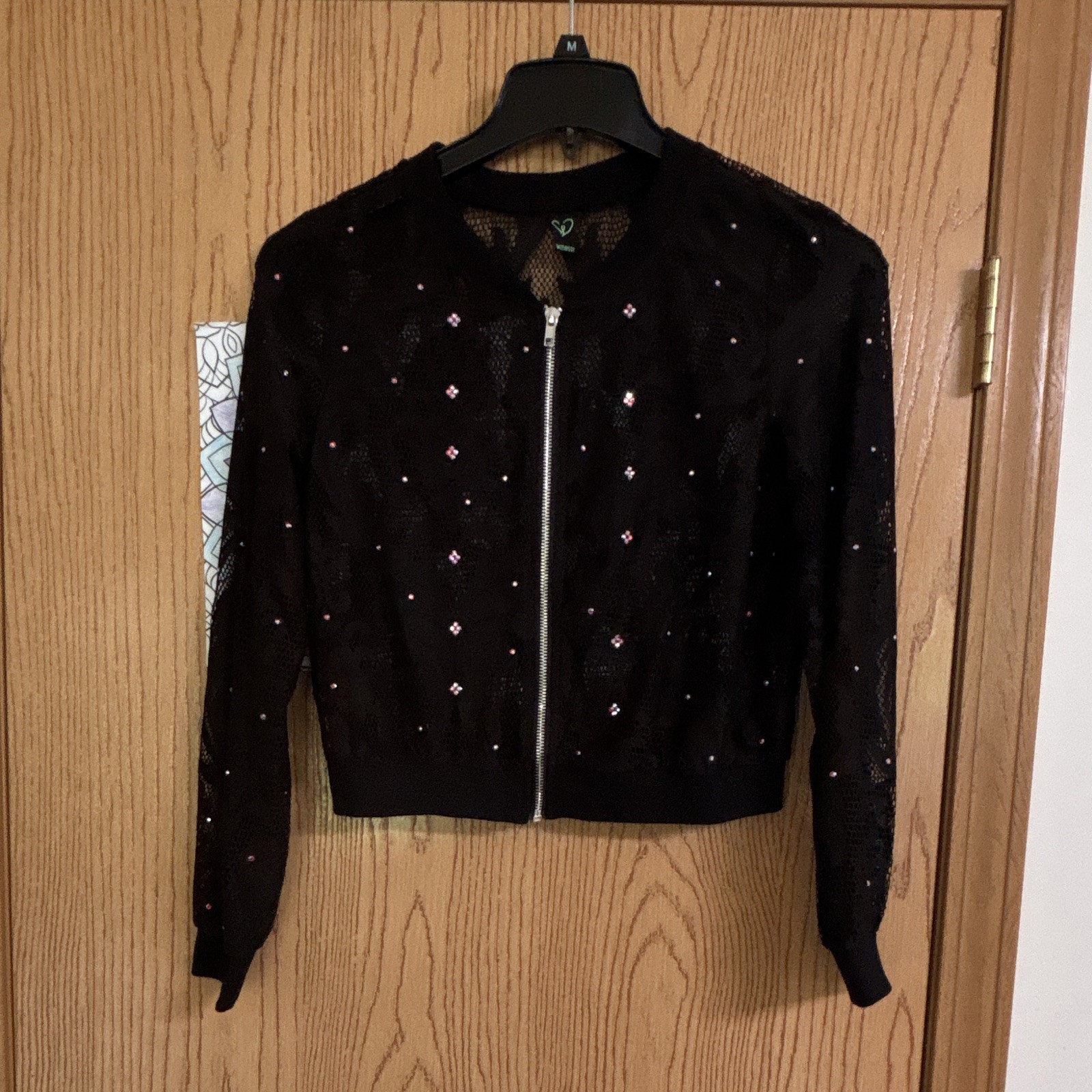 Windsor Women’s Black Rhinestone Full Zip Short Jacket Long Sleeve Size M