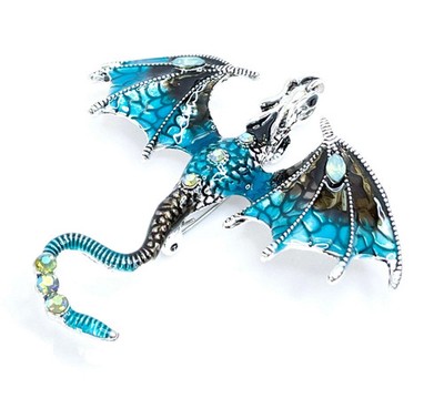 Große schwarz türkisfarbene Brosche fliegender Drache mit Kristallen Gothic Mode Brosche