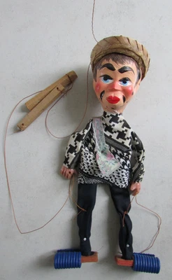 Jouet marionnette ancienne à fils en bois et tissu Hauteur 30 cm environ - Photo 1/4