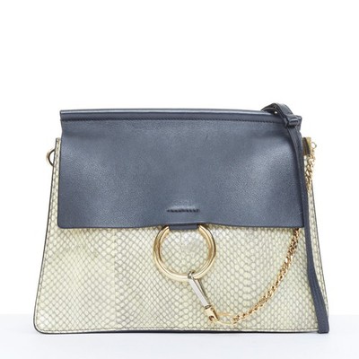 CHLOE Faye Medium beige python black calfskin leather chain flap shoulder bag