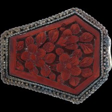 1" Cinnabar Floral Flower China Carved Red Vintage Belt Buckle Ornate Botanical