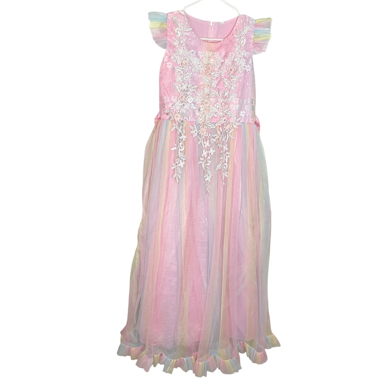 Girls 14-16 160 Pink Rainbow Tulle Gown Floral Lace 3D Flower Fairycore Princess