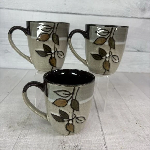 Juego de 3 tazas tazas de gres Pfaltzgraff HOJAS RÚSTICAS verde dorado blanco gris 12 oz Foto 3 de 4